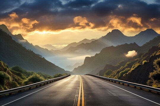 Scenic highway with mountains, cloud-filled sky, sunbeam, horizon, distant mountain. Generative AI