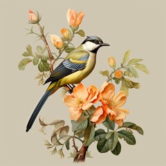 A watercolor of flowers placed on a gray, accurate bird specimens, hyperrealistic murals