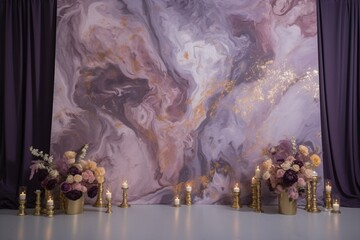 Luxurious marbled backdrop in shades of purple and gold. Generative AI