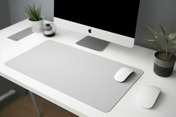 Mockup of a blank white desk mat on a work table, seen from the side. Generative AI