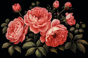Vintage Victorian illustration featuring English roses on a black backdrop with a floral pattern. Generative AI