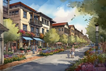 Artist's rendition of bustling streets in Mission Viejo, California. Generative AI