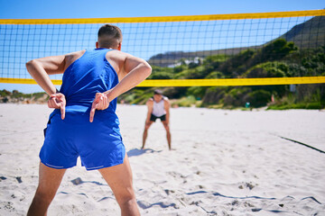 Volleyball, exercise and man at beach with hand sign to block angle of attack. Sports, back and...