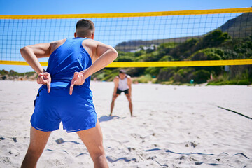 Volleyball, exercise and man at beach with hand sign to block angle of attack. Sports, back and gesture of athlete outdoor in workout, training or competition for healthy body, wellness and summer