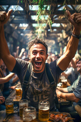 A young man laughs loudly and raises his hands up in a bar-restaurant against the background of a large crowd of visitors - obrazy, fototapety, plakaty