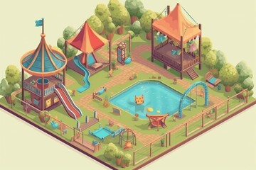 An isometric playground for children with a carousel, swings, basketball court, sandbox, climbing structures, and picnic tables. Generative AI
