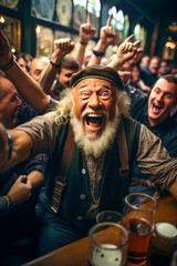 An elderly man with a gray beard laughs loudly and raises his hands up in a bar-restaurant against the background of a large crowd of visitors