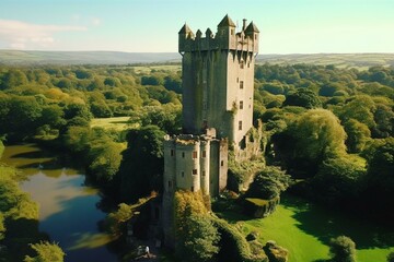 Drone captures aerial footage of the iconic Blarney Castle in Ireland. Generative AI