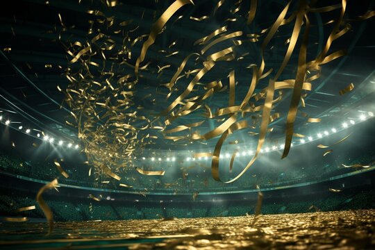 Gold confetti falls amid green light trails in a sports stadium. Generative AI