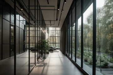 An open hallway with glass partitions and expansive windows. Generative AI