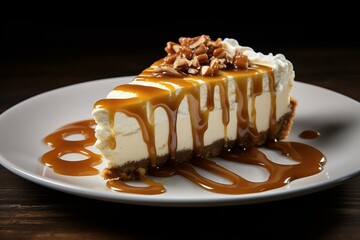 Decadent treat: creamy cheesecake topped with luscious caramel. Generative AI