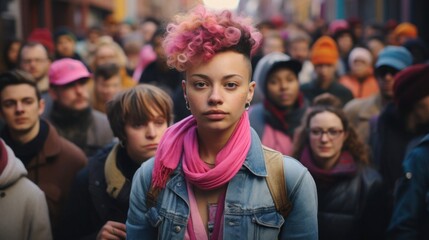 The concept of Among the crowd, beyond labels. A young, pink-haired, non-binary person who stands out among the diverse crowd.