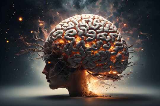 Concept art of a human brain exploding with knowledge and creativity AI generative