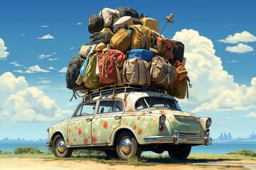 Car fully loaded for summer trip, bags on rooftop. Generative AI