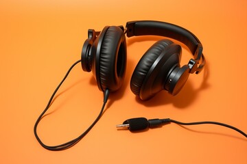 Overhead perspective of headphones and a recording microphone on an orange backdrop. Generative AI