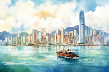A vibrant watercolor-style illustration depicting the Hong Kong cityscape. Generative AI - obrazy, fototapety, plakaty