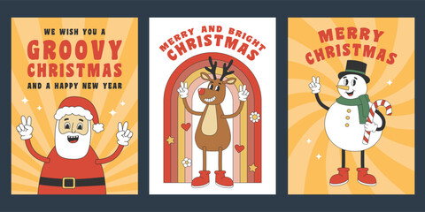 Set of Christmas greeting cards with cute characters in groovy retro style. Template for Merry Christmas and Happy New year greeting card, poster, party invitation