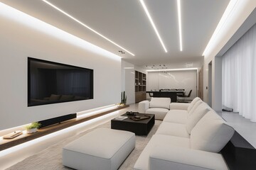 Suspended LED strip light illuminates white walled living room with down light. Interior design and technology. Generative AI