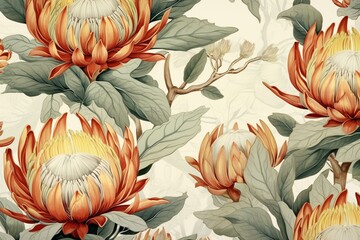Vintage tropical print with protea flowers, golden leaves on light background. Exotic motif. Generative AI - obrazy, fototapety, plakaty