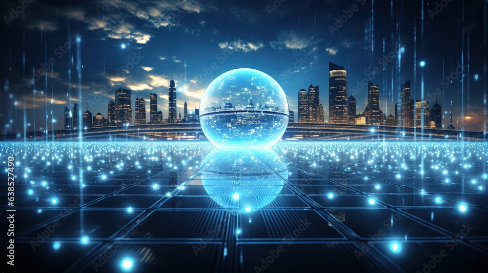 Poster digital ball. convergence of digital technologies and technologies. blue light and wireframe network