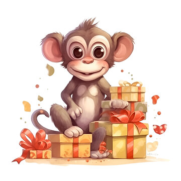 Cute cartoon monkey sitting on a pile of gift boxes. Vector illustration.