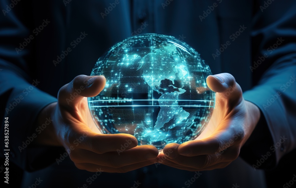 Aufkleber digital ball. convergence of digital technologies and technologies. blue light and wireframe network