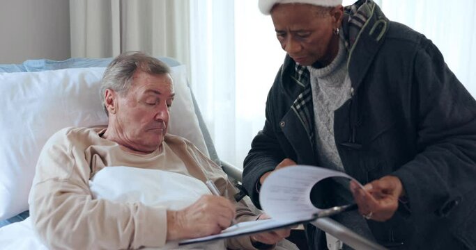 Signature, documents and life insurance with old man in hospital for will, planning and retirement. Paperwork, healthcare and medical with senior patient in bed of clinic for testament and agreement