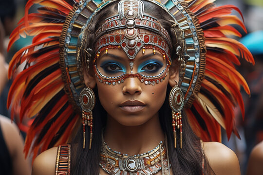 Portrait of an African American woman with painted face and African tribal style feather headdress.