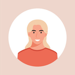 Circle the avatar with the portrait women of various races and hairstyles. Collection of user profiles. Round icon with happy smiling human. Colorful flat vector illustration.