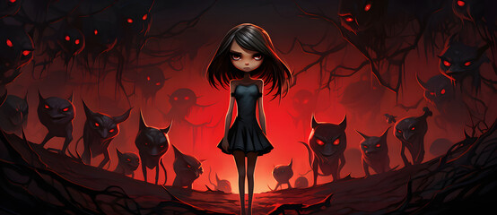 cartoon girl standing in front of herd of creepy dogs - obrazy, fototapety, plakaty