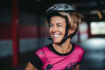 Portrait of happy senior woman wearing bicycle helmet at crossfit gym