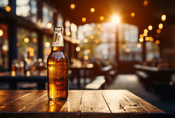 glass beer bottle on the background of the setting sun and garland lights in the bar