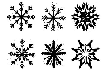 Grunge lino cut snowflakes stamps collection pack. Distressed textures set. Blank geometric shapes. Vector Illustration.