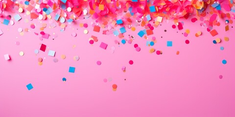 Colorful paper confetti on light bright pink background, celebrating backdrops, copy space.
