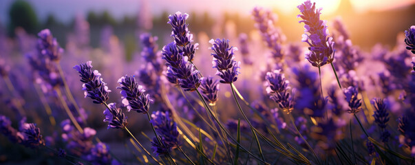 Lush Lavender Fields: Blending hues of greens and purples to mimic a lavender field. Abstract background. Wide format.
