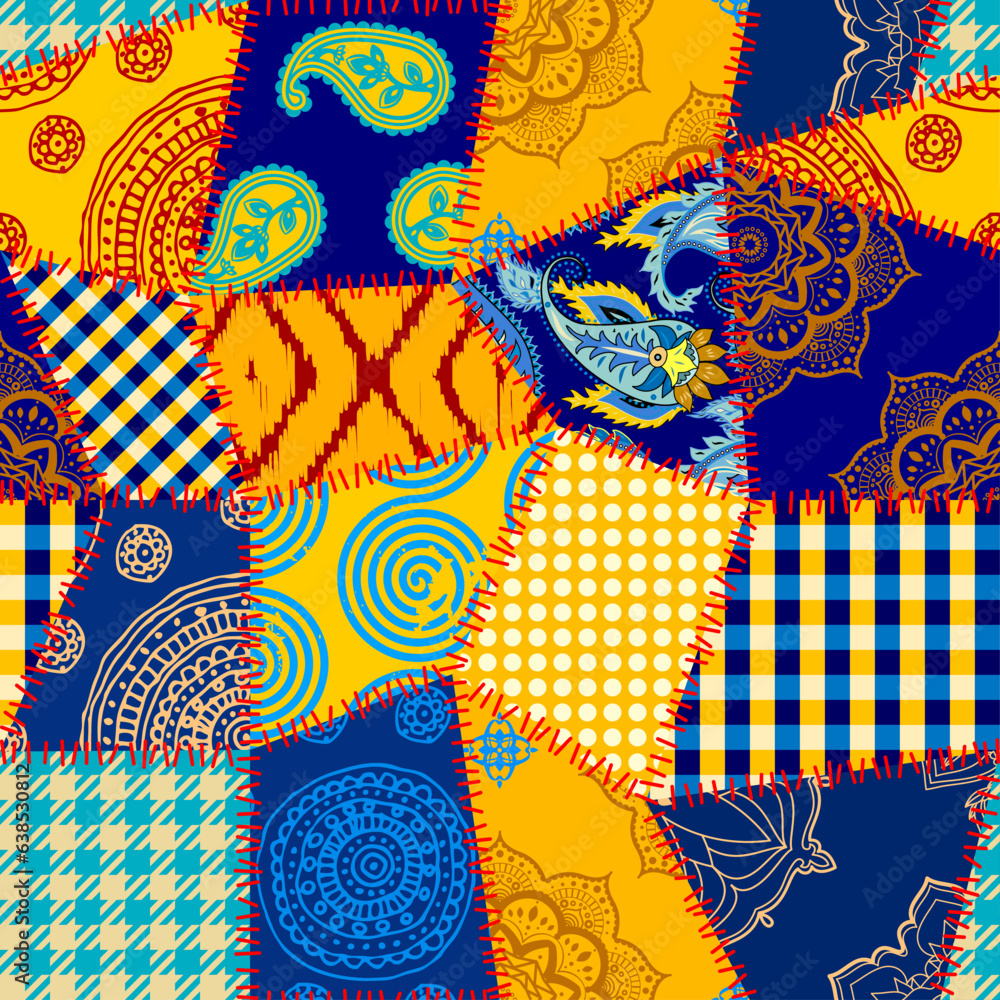 Poster textile patchwork pattern with blue and yellow colors. vector image