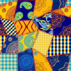 Textile patchwork pattern with blue and yellow colors. Vector image