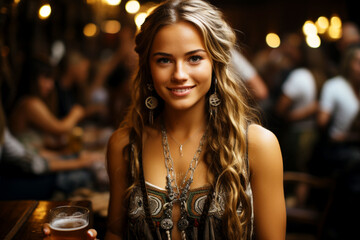 Portrait of a young beautiful smiling blonde girl on the background of an evening bar-restaurant