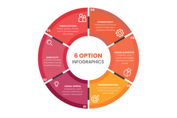 Circle chart infographic template with 6 options for presentations, advertising, layouts, annual reports. Vector illustration.