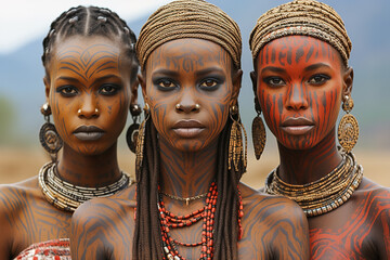 A group of African women with traditionally painted faces and jewelry from an African tribe. - obrazy, fototapety, plakaty