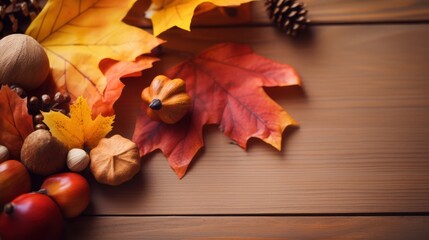 Obraz premium Autumn background, thanksgiving leaves and chestnuts on wooden table