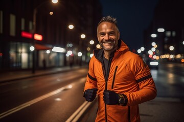 Portrait of a middle-aged man jogging in the city at night - obrazy, fototapety, plakaty