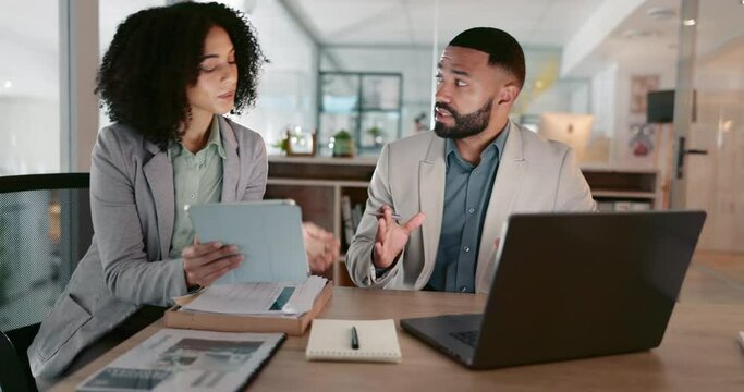 Business people, teamwork and collaboration on tablet, laptop and marketing research, multimedia data or training. African woman and man in office talking, planning or digital feedback and computer