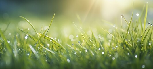 Fresh green grass on meadow with drops of water dew in morning light in spring summer outdoors close-up macro, panorama background Banner (Generative Ai)