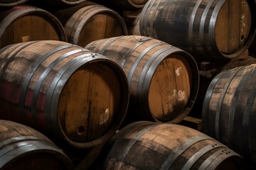 Barrels used to age spirits with a reddish oak color. Generative AI
