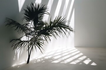 Shadow of palm leaf on white wall with open space. Generative AI