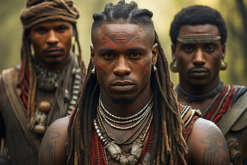 Male warriors from an African tribe - obrazy, fototapety, plakaty
