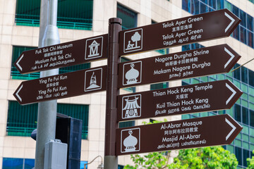 Brown direction signs to attractions on Cross Street, Singapore