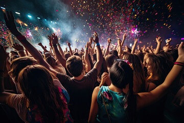 Obraz premium crowd cheering at a music festival and raising hands in the air