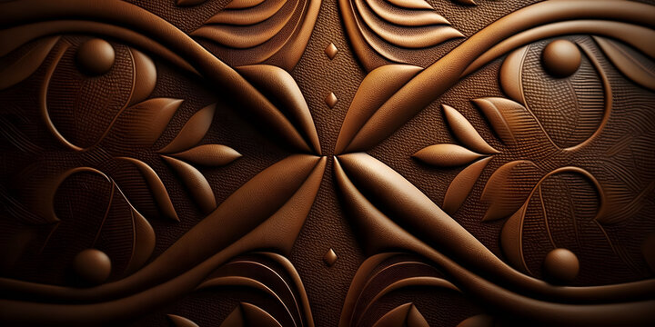 a dark brown leather design with swirls and curls